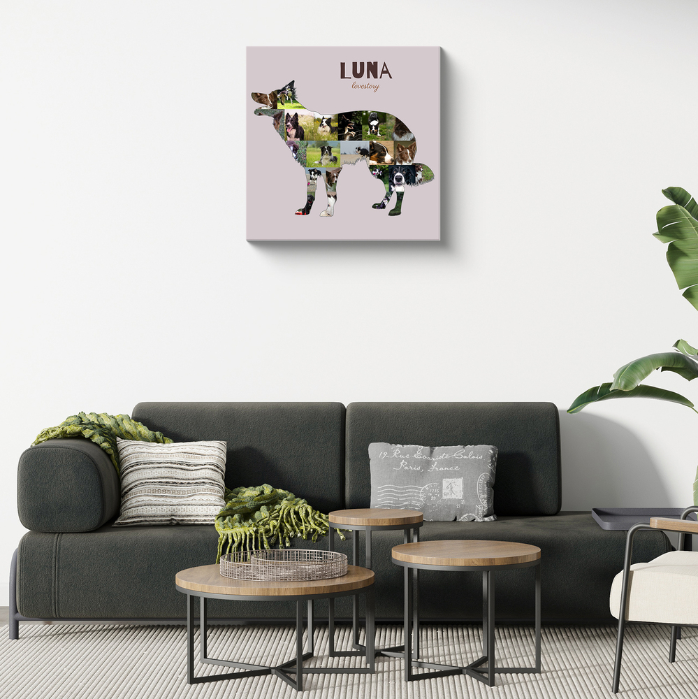 Bordercollie-fotocollage op canvas met staand silhouet en naam op oudroze, boven een donkere bank in de woonkamer