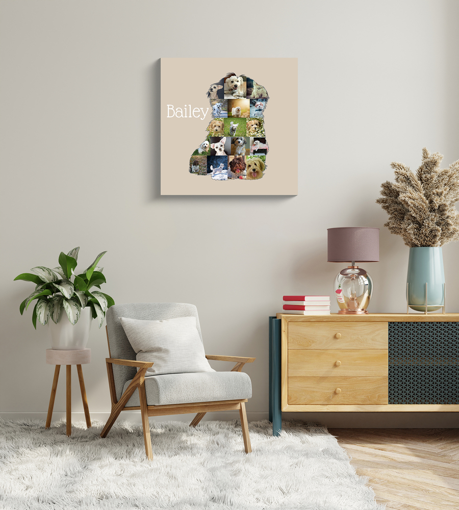 Havanezer-fotocollage in de vorm van een zittende hond, met naam op beige achtergrond, zonder lijst in de woonkamer