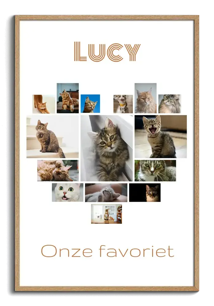 Hartvormige collage van kattenfoto’s op wit, met persoonlijke naam en tekst in een naturel houten lijst