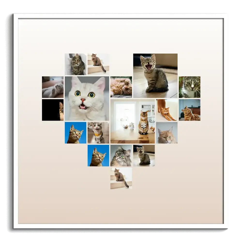 Hartvormige fotocollage met katten op een beige kleurverloop in een witte lijst, cadeau voor kattenliefhebbers