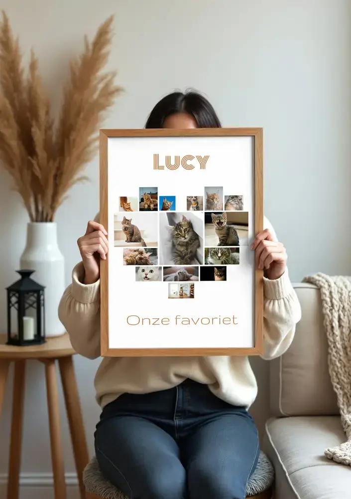 Hartvormige fotocollage met kattenfoto’s, naam en eigen tekst in een naturel houten lijst in de woonkamer