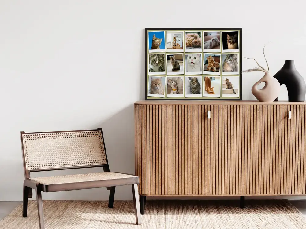 Collage van 15 kattenfoto’s in polaroidstijl op olijfgroen, in een zwarte lijst op een houten dressoir