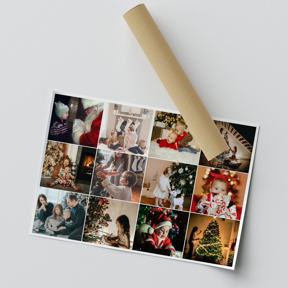 Kerstcollage als poster met familiefoto’s in een raster en een omgekrulde hoek, een persoonlijk cadeau voor ouders