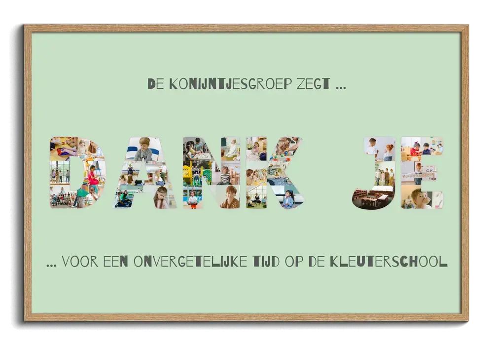 Fotocollage met kleuterfoto’s in lettervorm op een mintgroene achtergrond, met persoonlijke tekst in een houten lijst