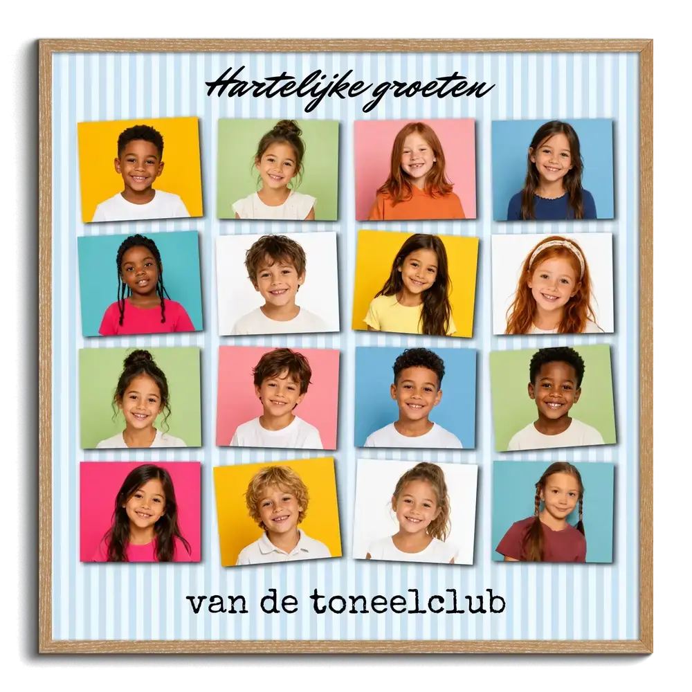 Fotocollage met 16 kinderportretten in een houten lijst, een persoonlijk afscheidscadeau voor de leerkracht