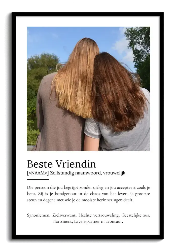 Persoonlijke definitieposter voor je beste vriendin met een grote foto en woordenboektekst in een zwarte lijst