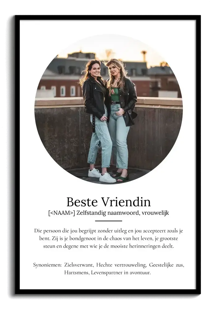 Poster voor een beste vriendin met ovale foto en definitie in woordenboekstijl, ingelijst in een zwarte lijst