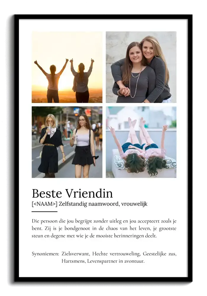 Definitieposter voor een beste vriendin met vier foto's en tekst in woordenboekstijl, in een zwarte lijst