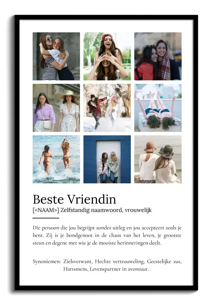 Definitieposter voor je beste vriendin in een zwarte lijst, met negen foto's in een raster en tekst eronder