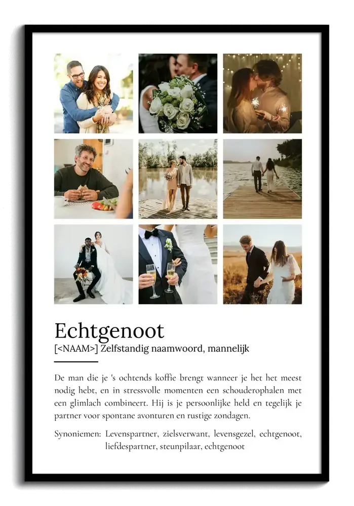 Definitieposter voor een echtgenoot met negen foto's in een raster en persoonlijke tekst eronder, in een zwarte lijst
