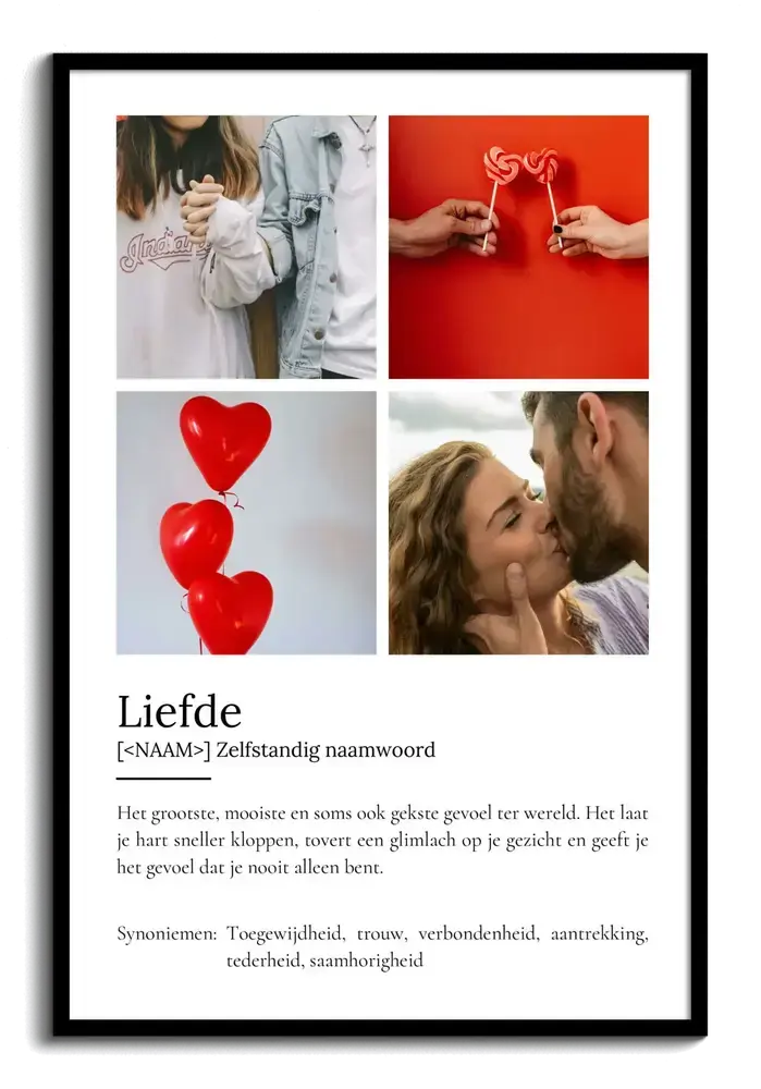 Liefdesposter in woordenboekstijl met vier foto's van een stel en rode hartjes, ingelijst in zwart