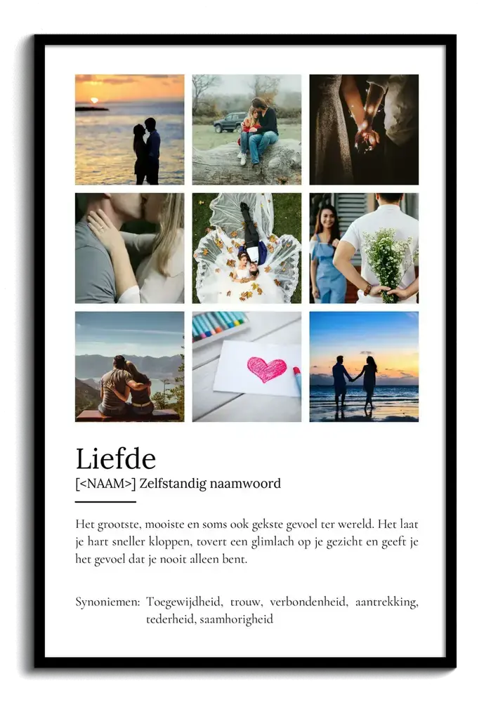 Definitieposter over de liefde met negen romantische foto's in een strak raster, in een zwarte lijst