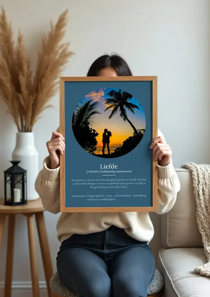Blauwe liefdesposter met ronde strandfoto in een houten lijst, in de woonkamer; persoonlijk cadeau voor je partner