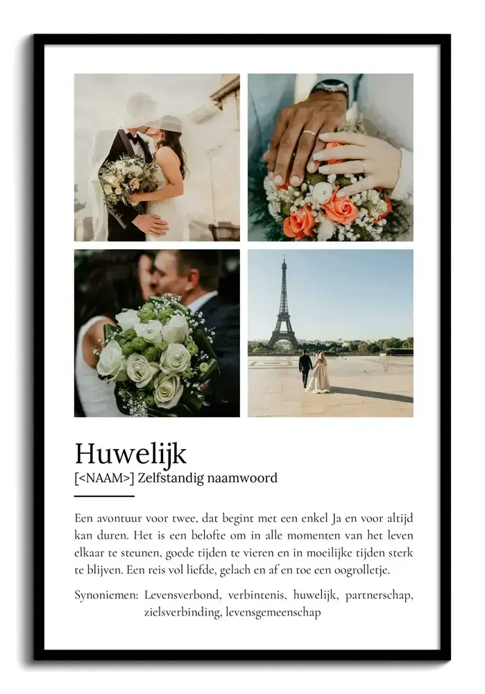 Definitieposter over het huwelijk met vier trouwfoto’s in zwarte lijst, een cadeau voor een huwelijksjubileum