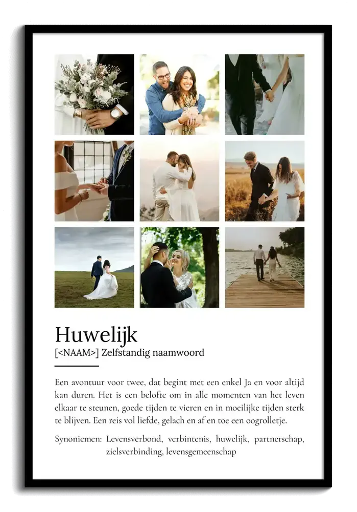 Huwelijksposter in woordenboekstijl met negen trouwfoto’s in zwarte lijst, als fotocadeau voor een echtpaar