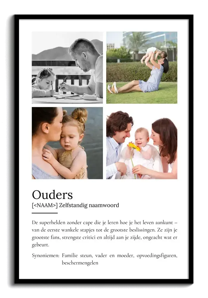 Poster in woordenboekstijl voor ouders met vier foto's van ouders en kinderen, in een zwarte lijst