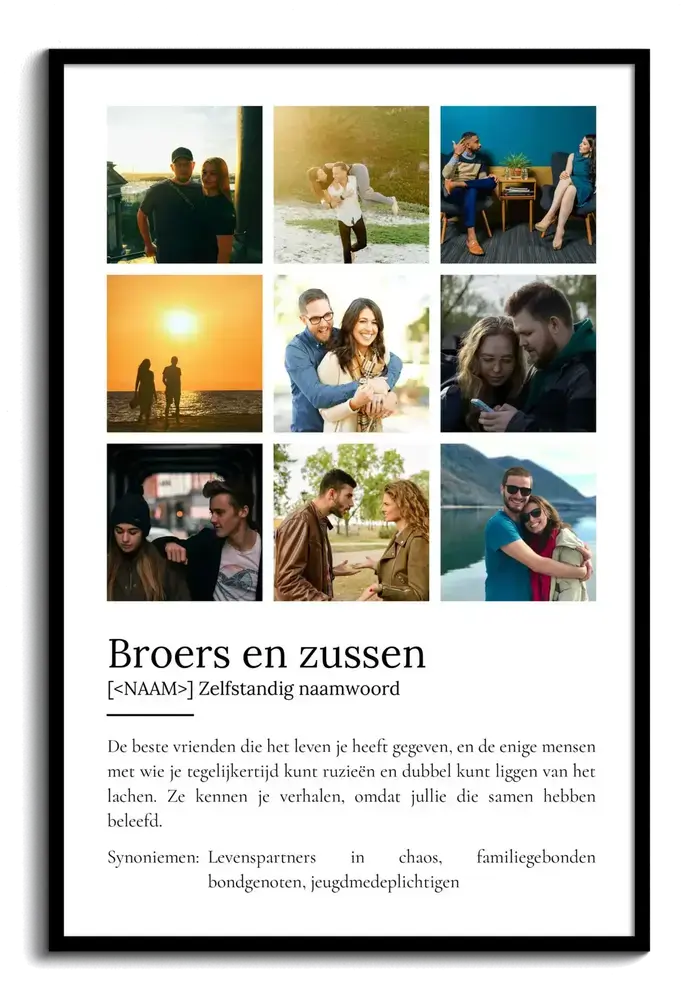 Definitieposter over broers en zussen met negen foto's in een strak raster en tekst eronder, in zwarte lijst