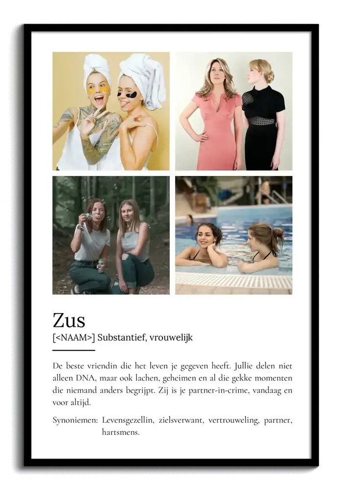 Definitieposter met vier foto's in een zwarte lijst, een persoonlijk cadeau voor een zus