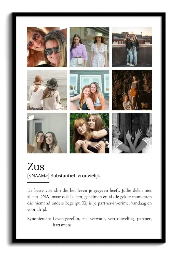 Fotocollage met negen foto's en een definitie voor een zus in zwarte lijst, een cadeau vol herinneringen