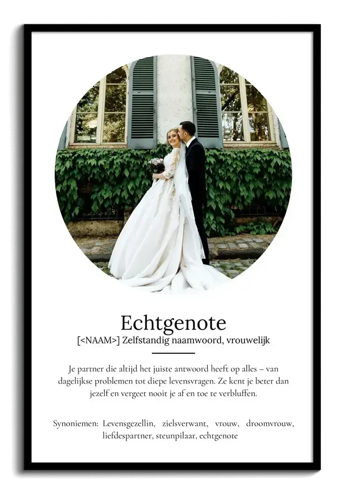 Witte definitieposter voor echtgenote met ronde trouwfoto en tekst, ingelijst in zwart
