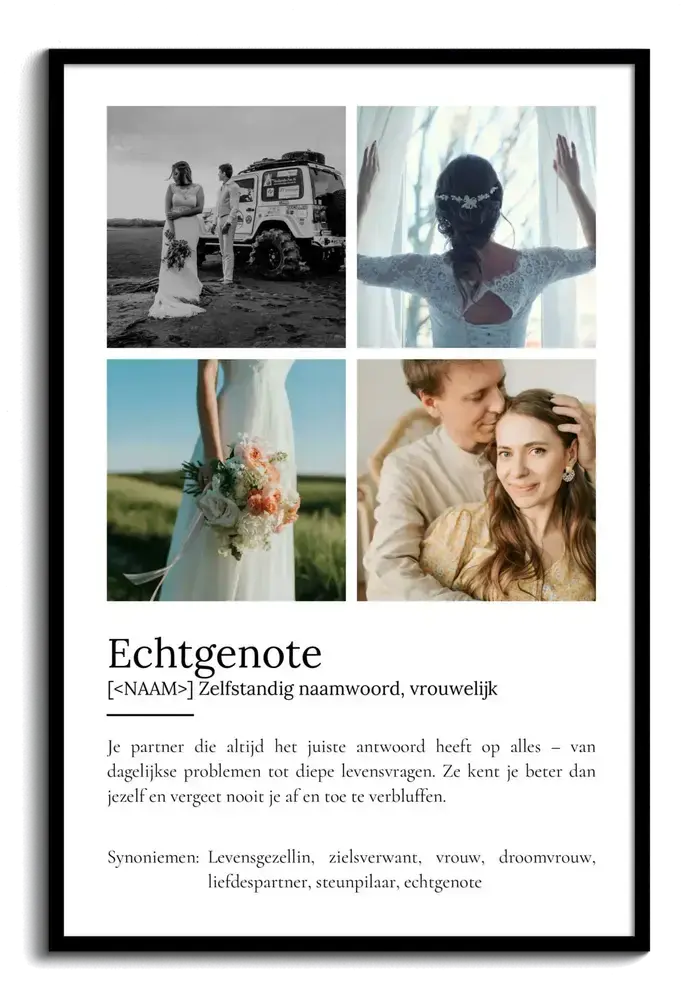 Definitieposter voor echtgenote met vier foto's in een raster boven de tekst, in een zwarte lijst