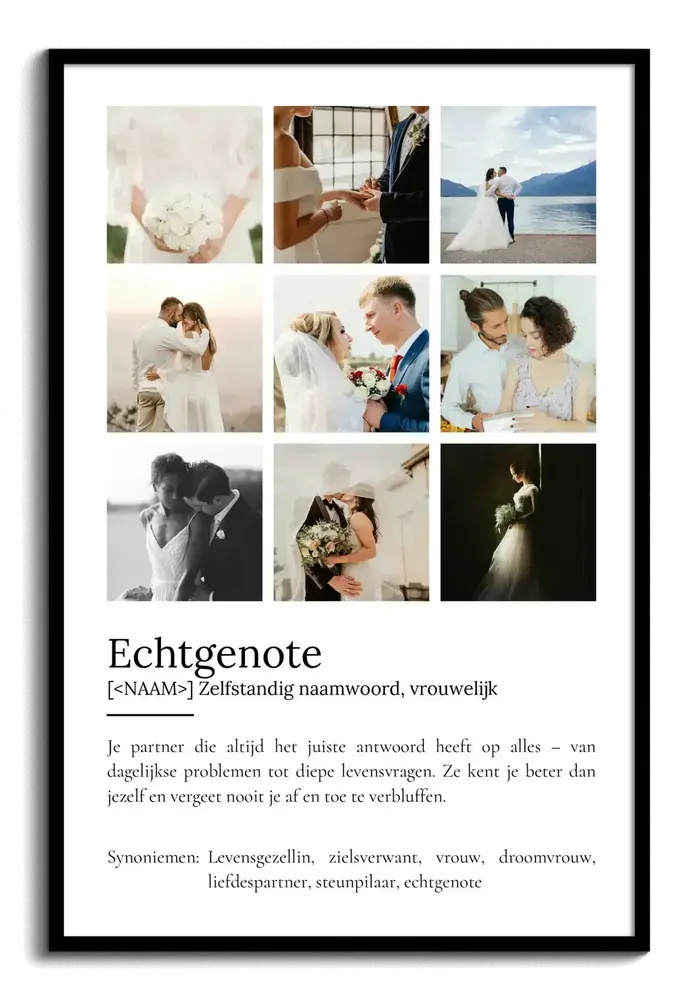 Witte poster in woordenboekstijl met negen trouwfoto's en persoonlijke tekst, in een zwarte lijst