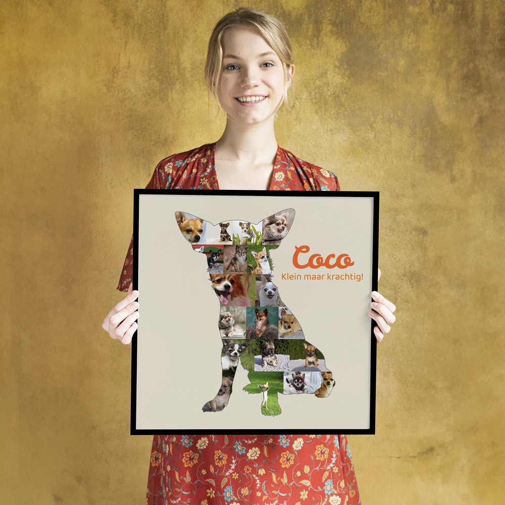 Chihuahua-fotocollage met naam en tekst in een zwarte lijst tegen een okergele achtergrond, cadeau voor hondenliefhebbers