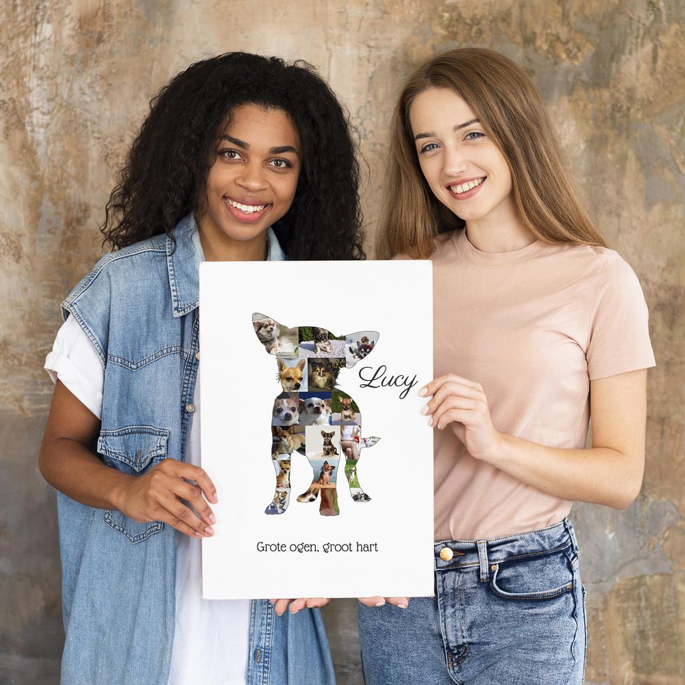 Fotocollage in chihuahuavorm met naam en tekst, zonder lijst gepresenteerd als cadeau voor een hondenliefhebber