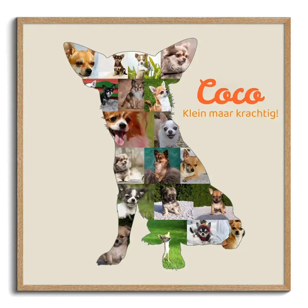 Fotocollage in de vorm van een chihuahua met oranje naam en tekst op beige, ingelijst in naturel hout