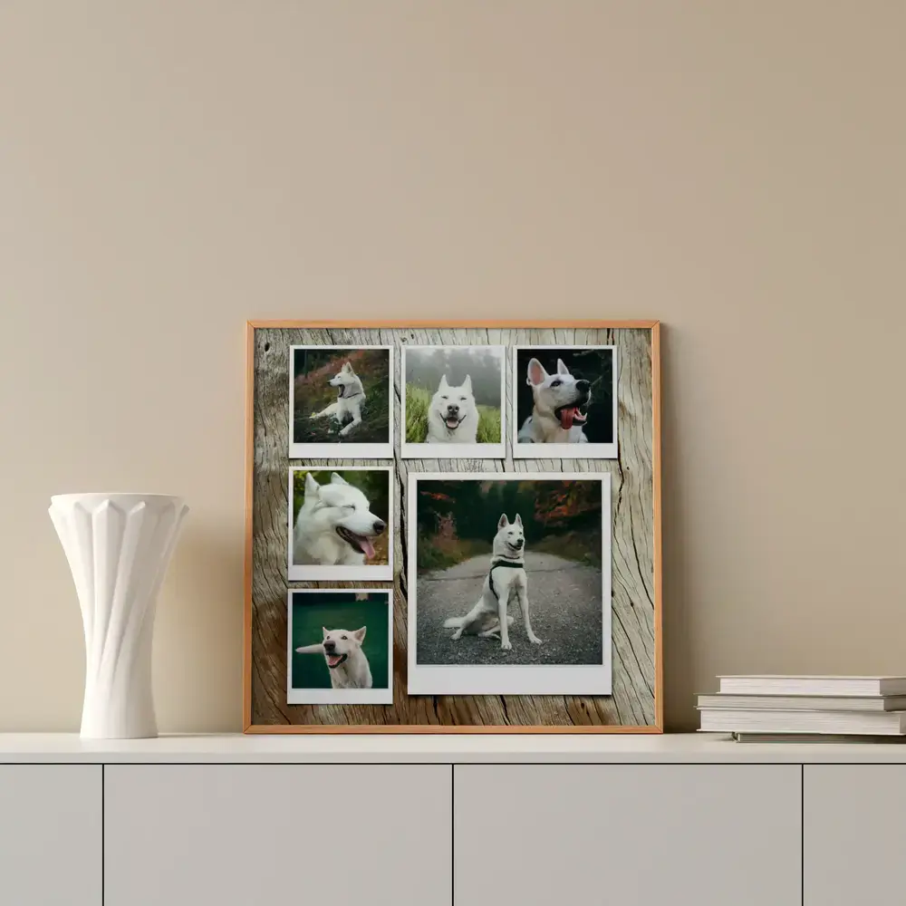 Fotocollage met zes polaroidfoto’s van een witte herder in houten lijst op een wit dressoir naast een vaas