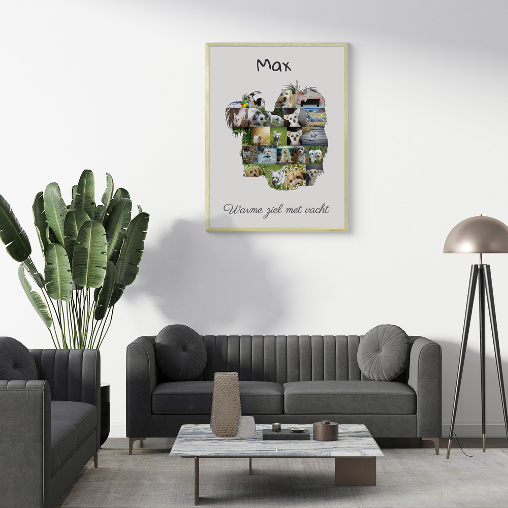 Havanezer-fotocollage in hondensilhouet met naam en tekst, in een lichte lijst boven de bank in de woonkamer