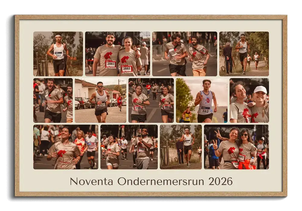 Fotocollage van de bedrijvenloop in een naturel houten lijst, met teamfoto’s, bedrijfsnaam en jaartal
