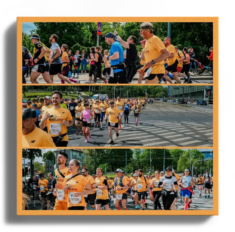 Fotocollage van de bedrijvenloop op canvas met drie panoramafoto’s en oranje rand, als cadeau voor het team