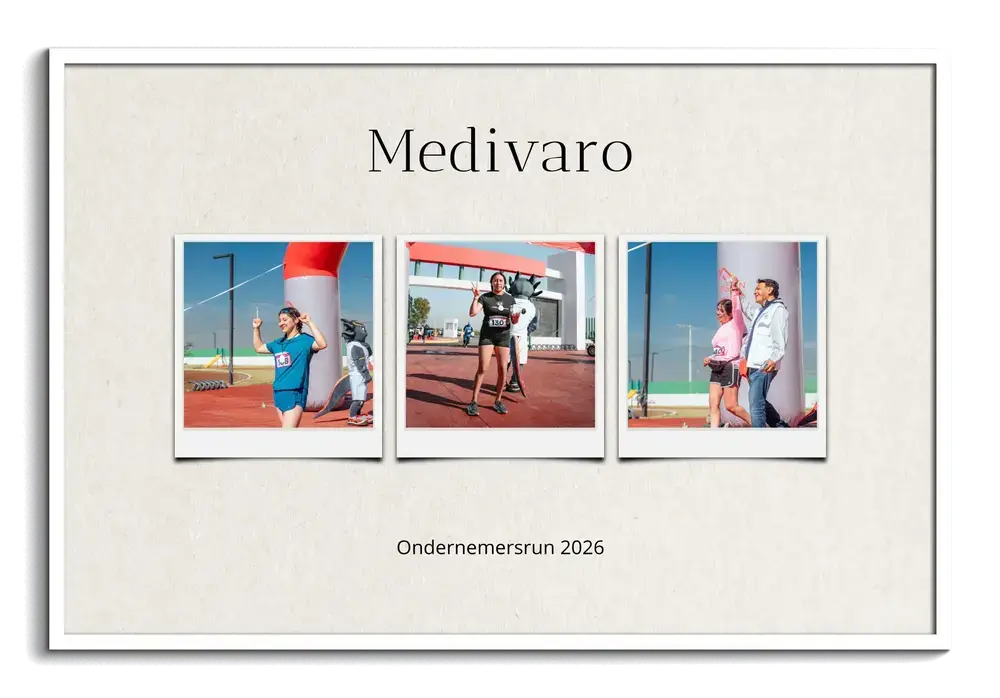 Fotocollage van de bedrijvenloop met drie foto’s in polaroidstijl, bedrijfsnaam en papierlook in een witte lijst
