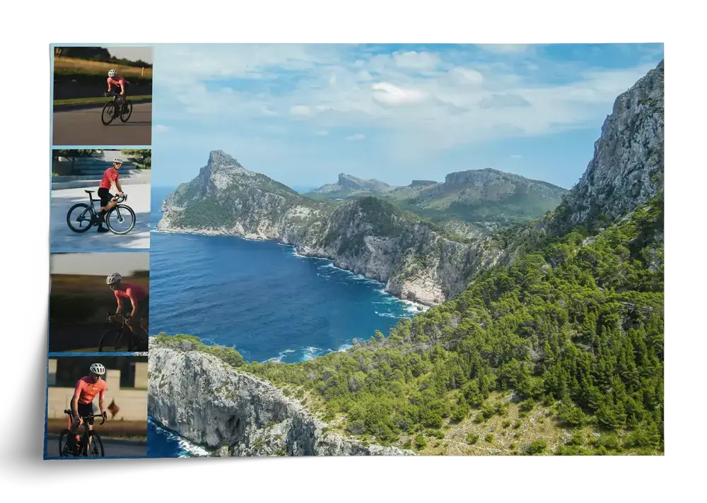 Liggende wielercollage als poster met een groot kustpanorama en vier kleine wielrenfoto's langs de linkerrand