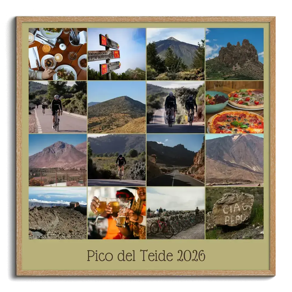 Wielerfotocollage in een houten lijst met 16 foto's van bergen en pauzes in een raster, met tekst en jaartal
