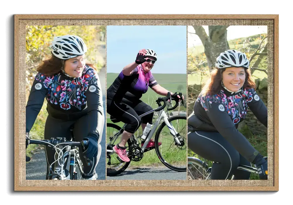 Liggende wielerfotocollage in een naturel houten lijst met drie staande foto's van een wielrenster naast elkaar
