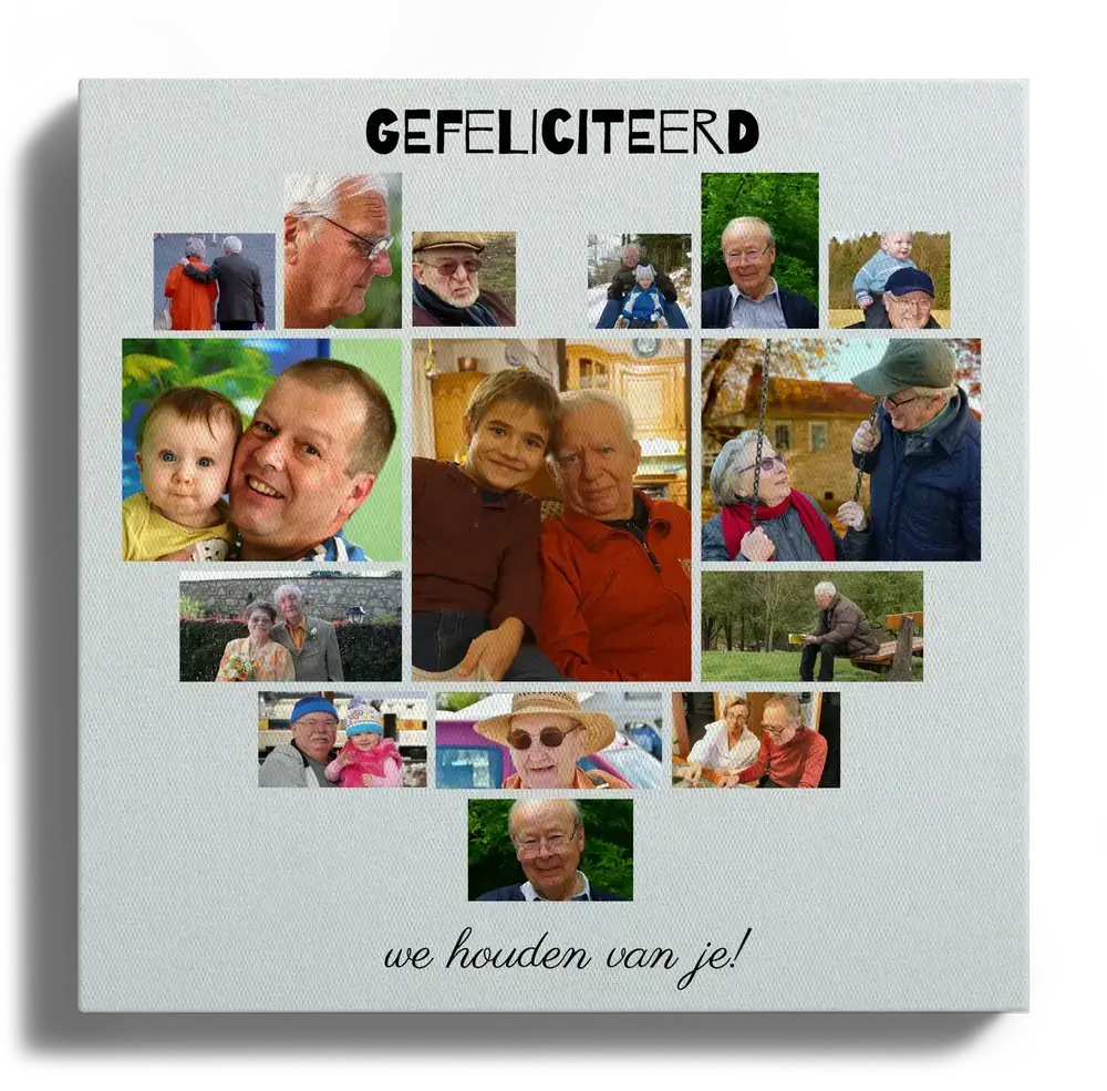 Hartvormige fotocollage op canvas met foto's van grootouders en kleinkinderen, verjaardagsgroet en persoonlijke tekst
