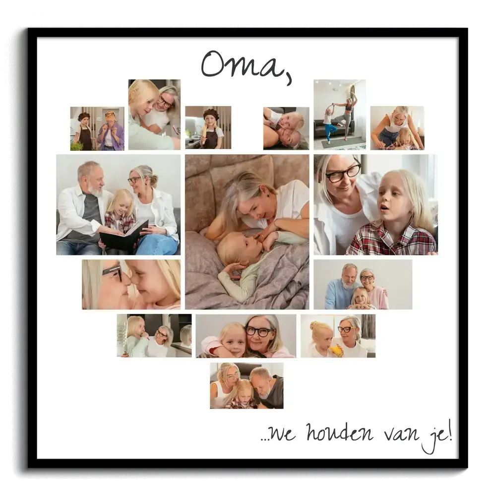 Fotocollage in hartvorm voor oma, met een grote foto in het midden en persoonlijke tekst in een zwarte lijst