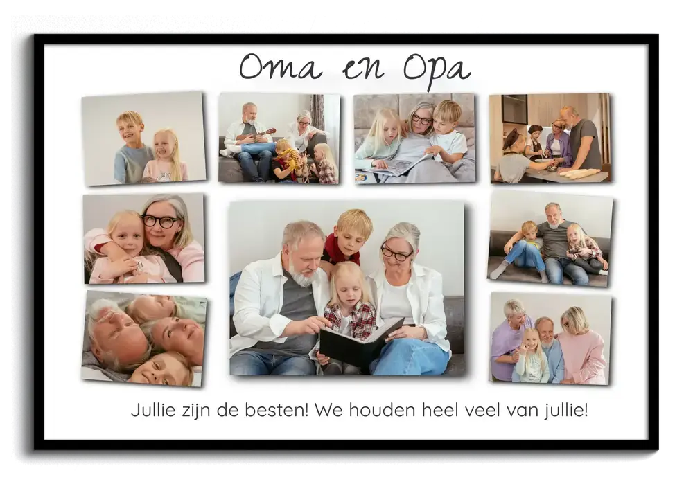 Fotocollage in zwarte lijst met 9 foto's van grootouders en kleinkinderen, een grote foto centraal en lieve tekst