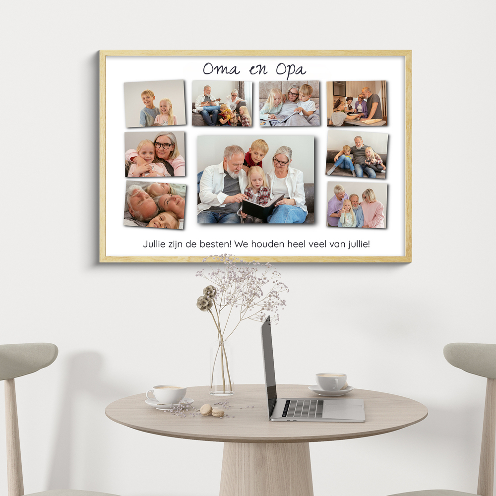 Fotocollage voor opa en oma met 9 foto's en lieve tekst in een lichte houten lijst boven een ronde tafel