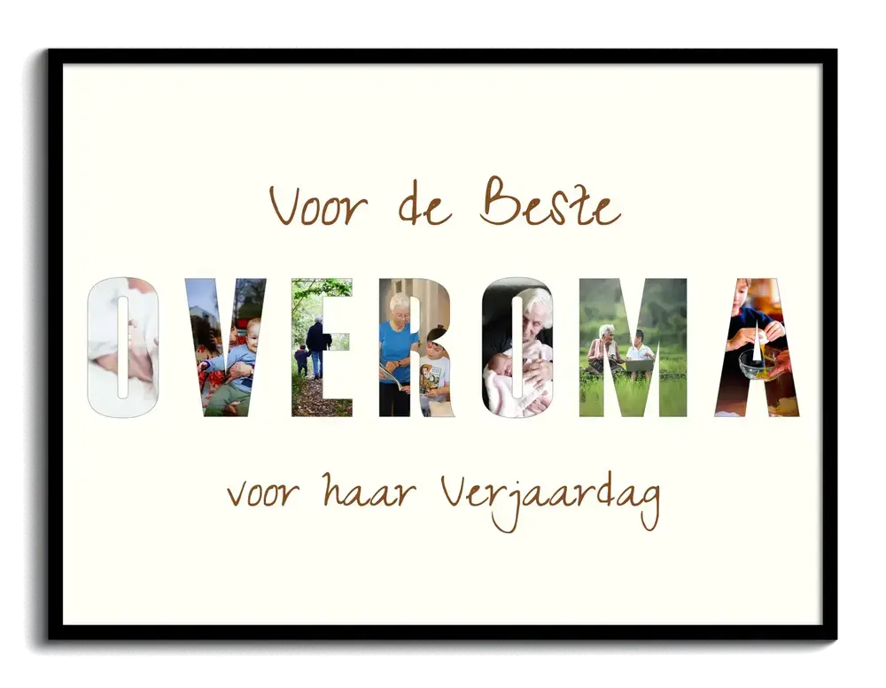 Fotocollage in letters voor overgrootoma, met lichte achtergrond en bruine sierletters in een zwarte lijst