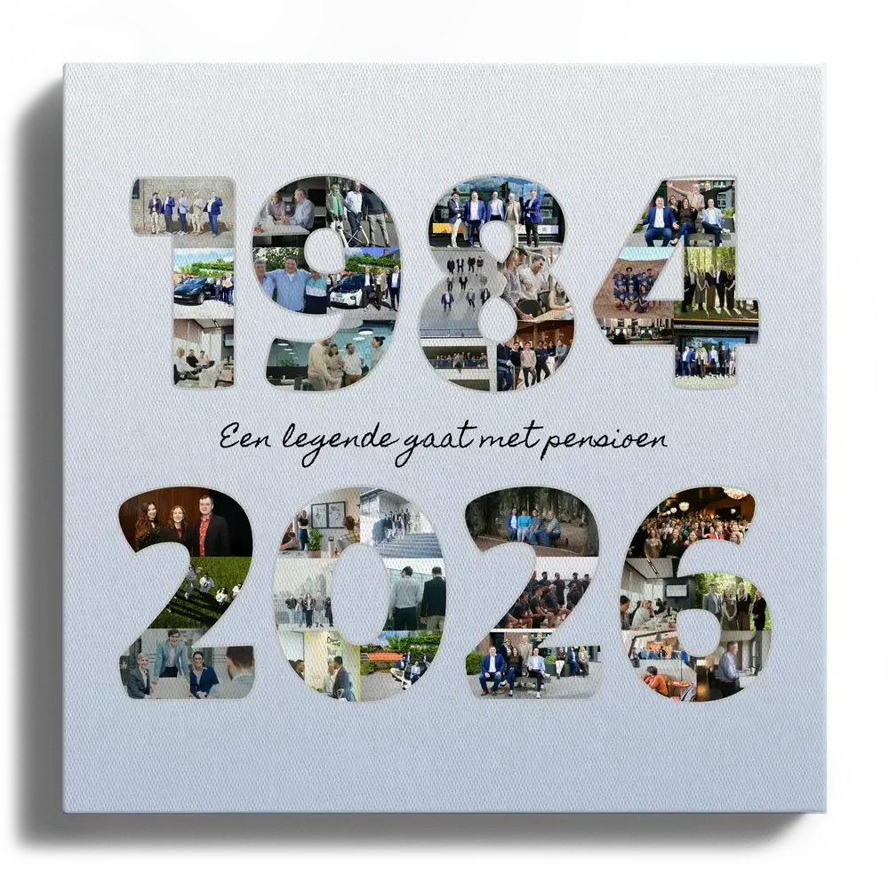 Fotocollage op canvas met twee jaartallen van teamfoto’s op lichtblauw, als persoonlijk pensioencadeau