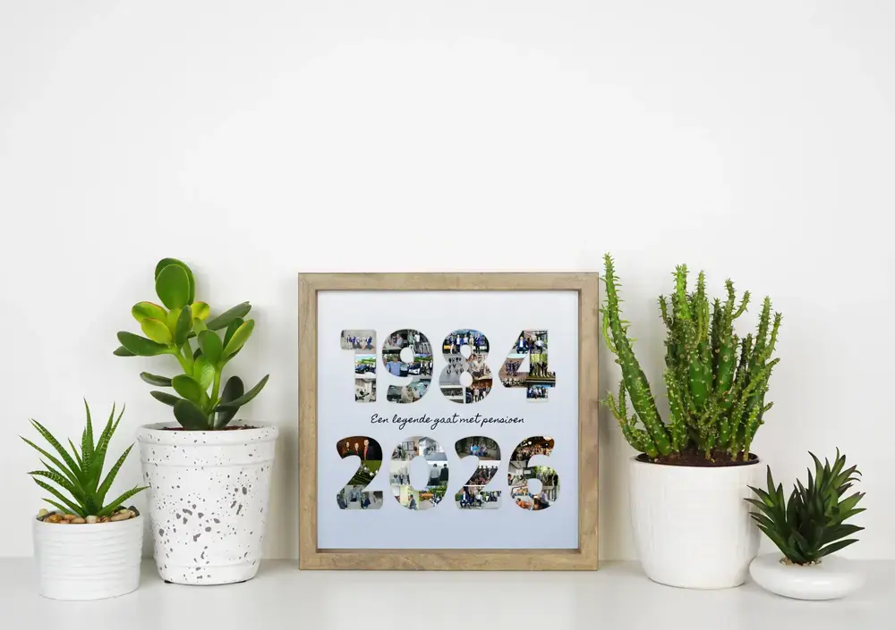 Fotocollage voor pensioen met foto's in twee jaartallen, in een houten lijst tussen groene planten