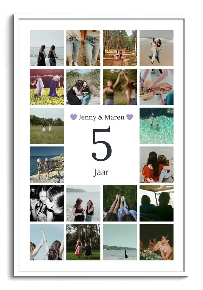 Fotocollage voor 5 jaar samen met een grote 5 in het midden, namen en foto's rondom, in een witte lijst