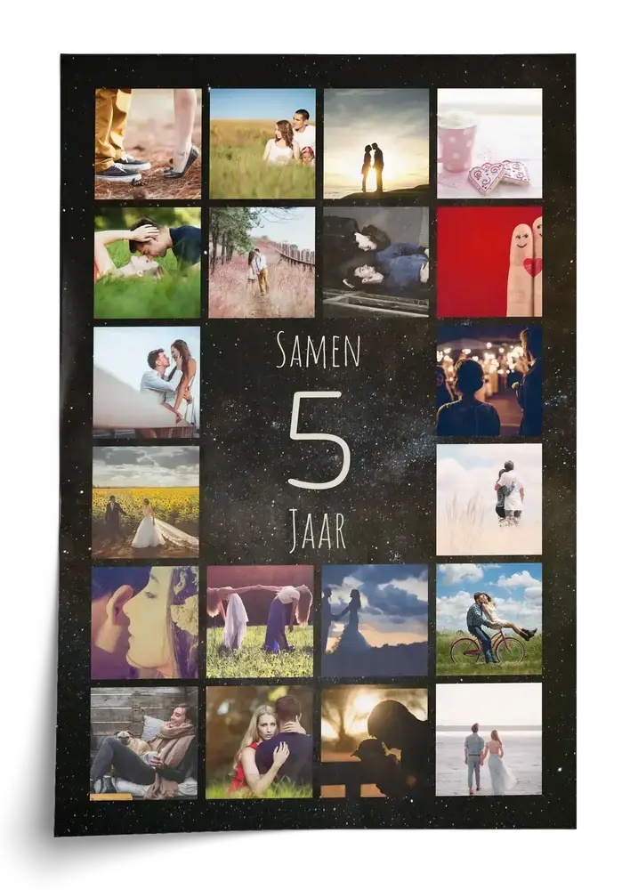 Staande fotocollage als poster met een grote 5 tussen foto's in een raster, op een donkere achtergrond voor vijf jaar samen