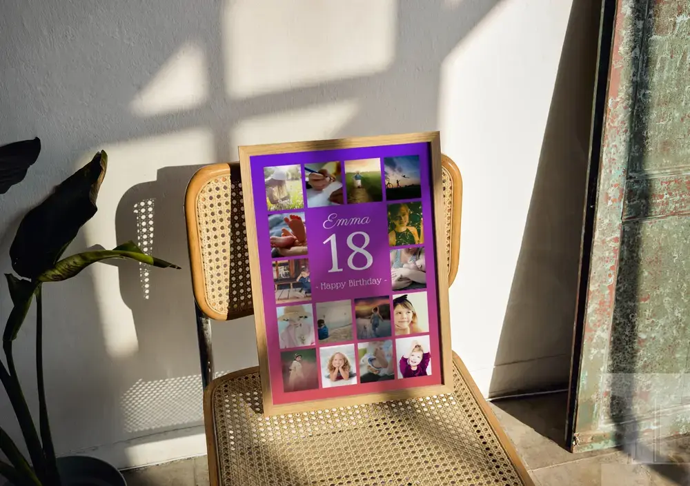 Paars-roze fotocollage met grote 18 in een houten lijst op een rieten stoel, cadeau-idee voor iemand die 18 wordt