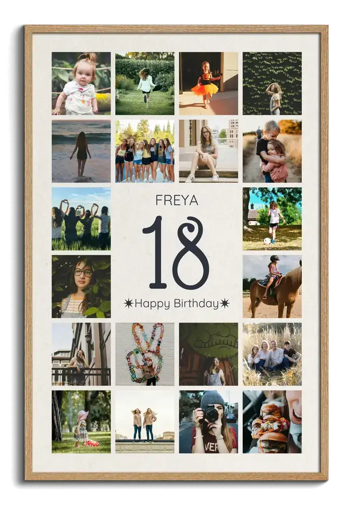 Fotocollage met grote 18, naam en fotoraster in een naturel houten lijst als persoonlijk cadeau voor de 18e verjaardag