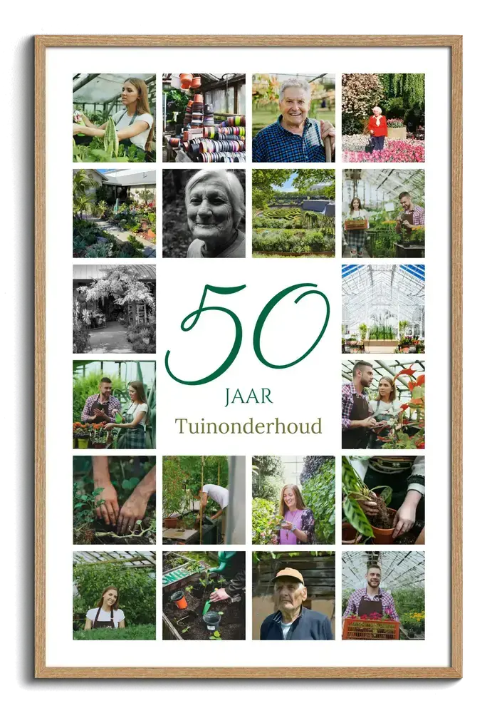 Fotocollage in houten lijst met een groene 50 tussen tuinfoto’s voor het 50-jarig bedrijfsjubileum