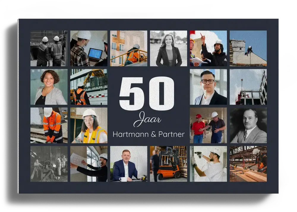 Fotocollage op donkergrijs canvas met een grote 50 tussen team- en bouwfoto’s, voor een 50-jarig bedrijfsjubileum